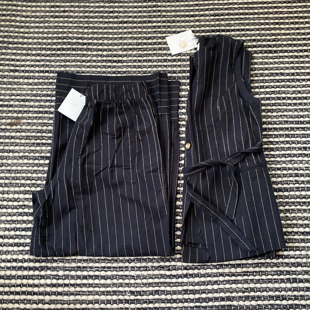 🌿DISSH Women Boston Black Pinstripe Button Tie Linen Cotton Vest Pant Set 14/10